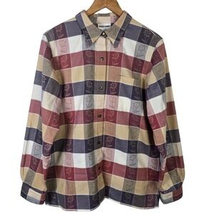 Alfred Dunner Womens 16 Floral Plaid Button Up Shirt Long Sleeve Multicolor